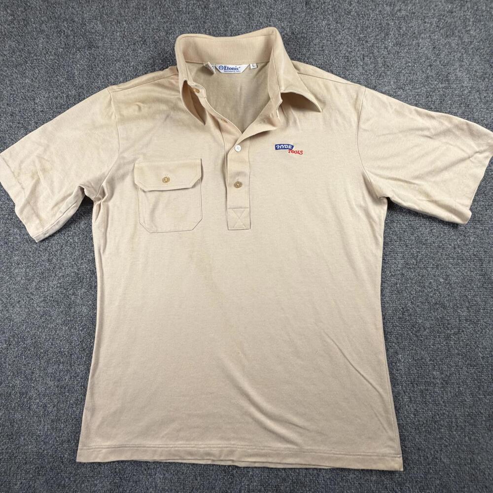 Etonic‎ Mens Beige Large Polo Shirt Chest Pocket Hyde Tools Embroidered #986